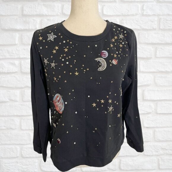 Anthropologie Tops - Anthropologie Postage Stamp Embellished Outer Space Sweatshirt Small Embroided